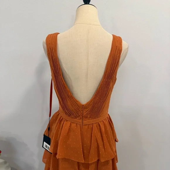 leena For Mac Duggal Burnt Orange Polka Dot Ruffle Tiered Maxi Gown - Reemoly